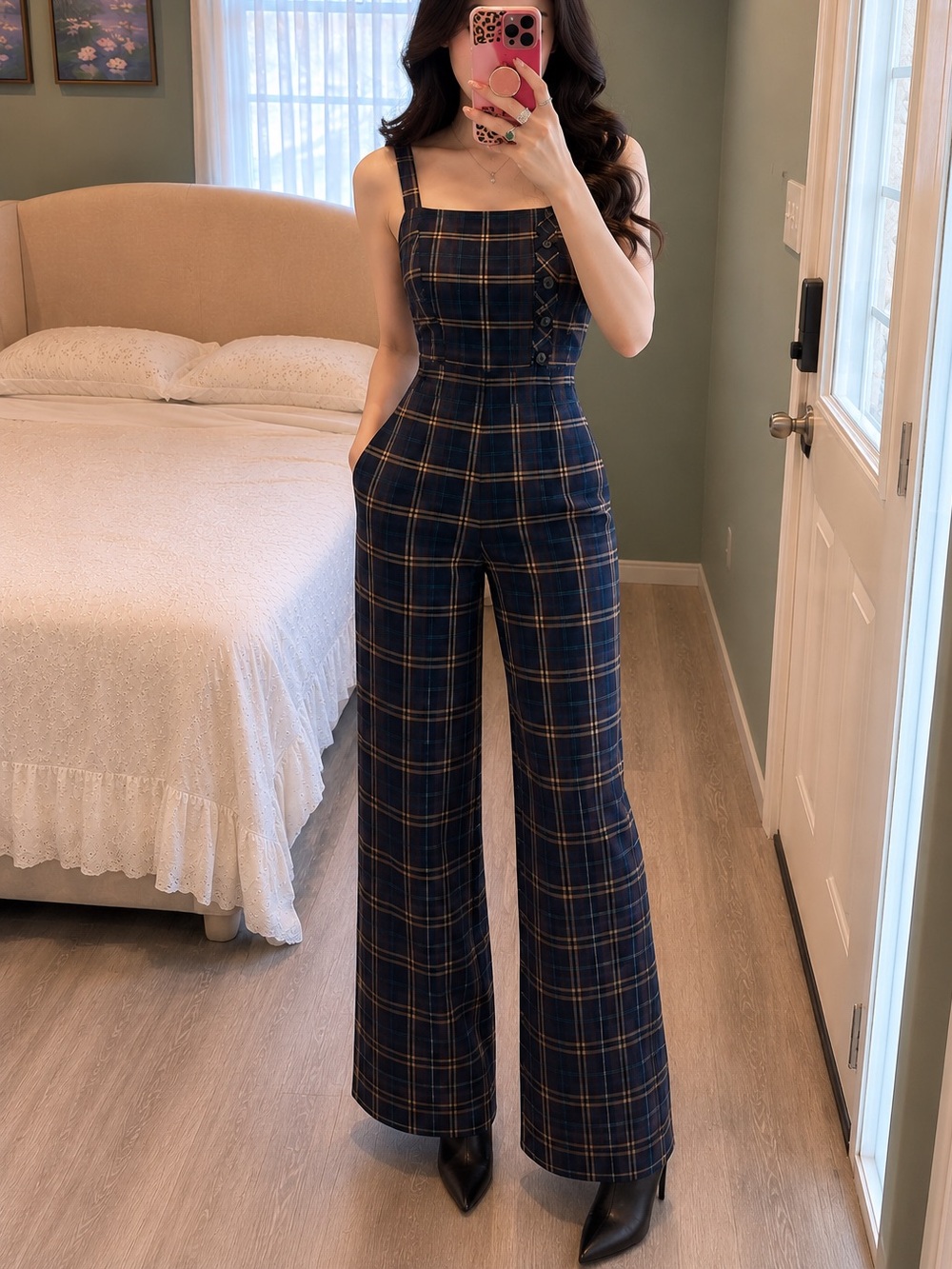 ZARA Plaid Wide Leg Jumpsuit Blue Check Overall Pants Size XS